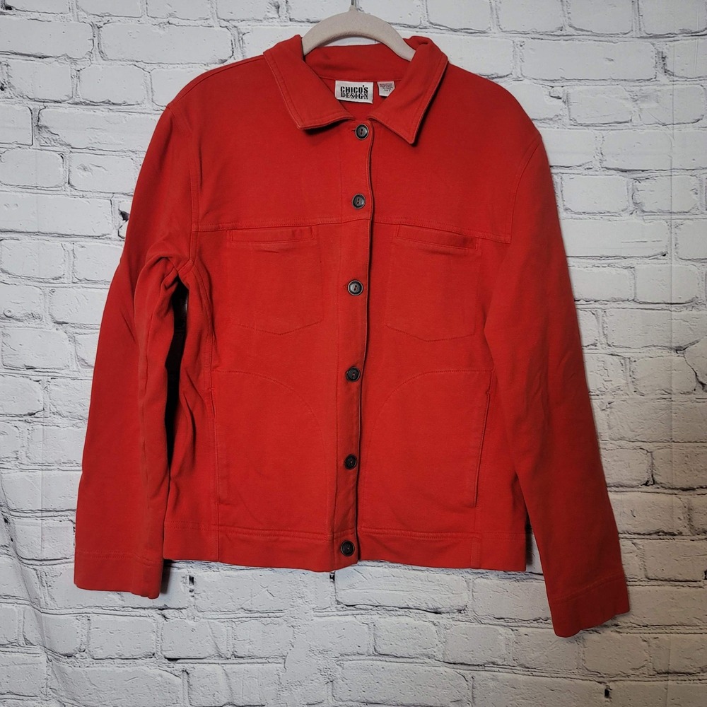 Chicos Design Red Cotton Knit Button Front Jacket Size 0 Stretch Casual Comfort